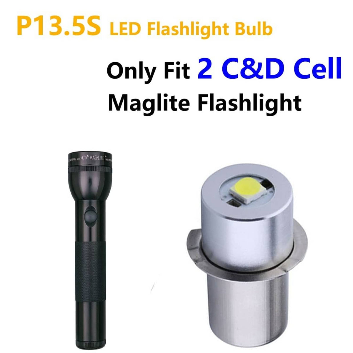 Silver P13.5S LED flashlight bulb with yellow chip in the top housing
