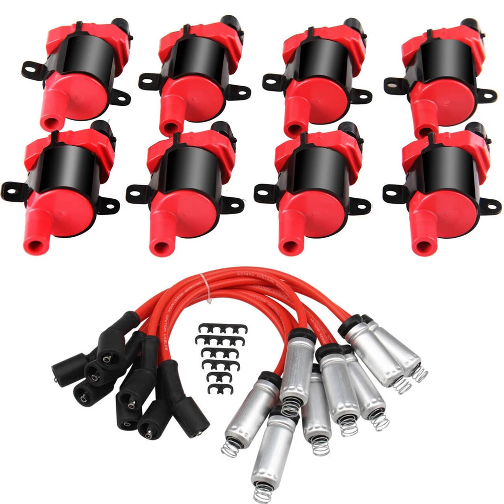 Set of eight red and black round ignition coils, angled view with mounting tabs