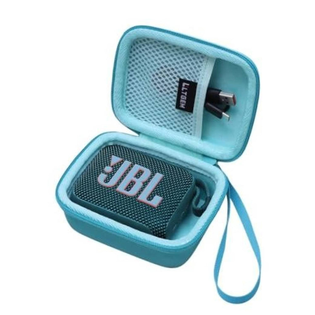 Teal zippered speaker case with mesh interior and inner pocket, open view