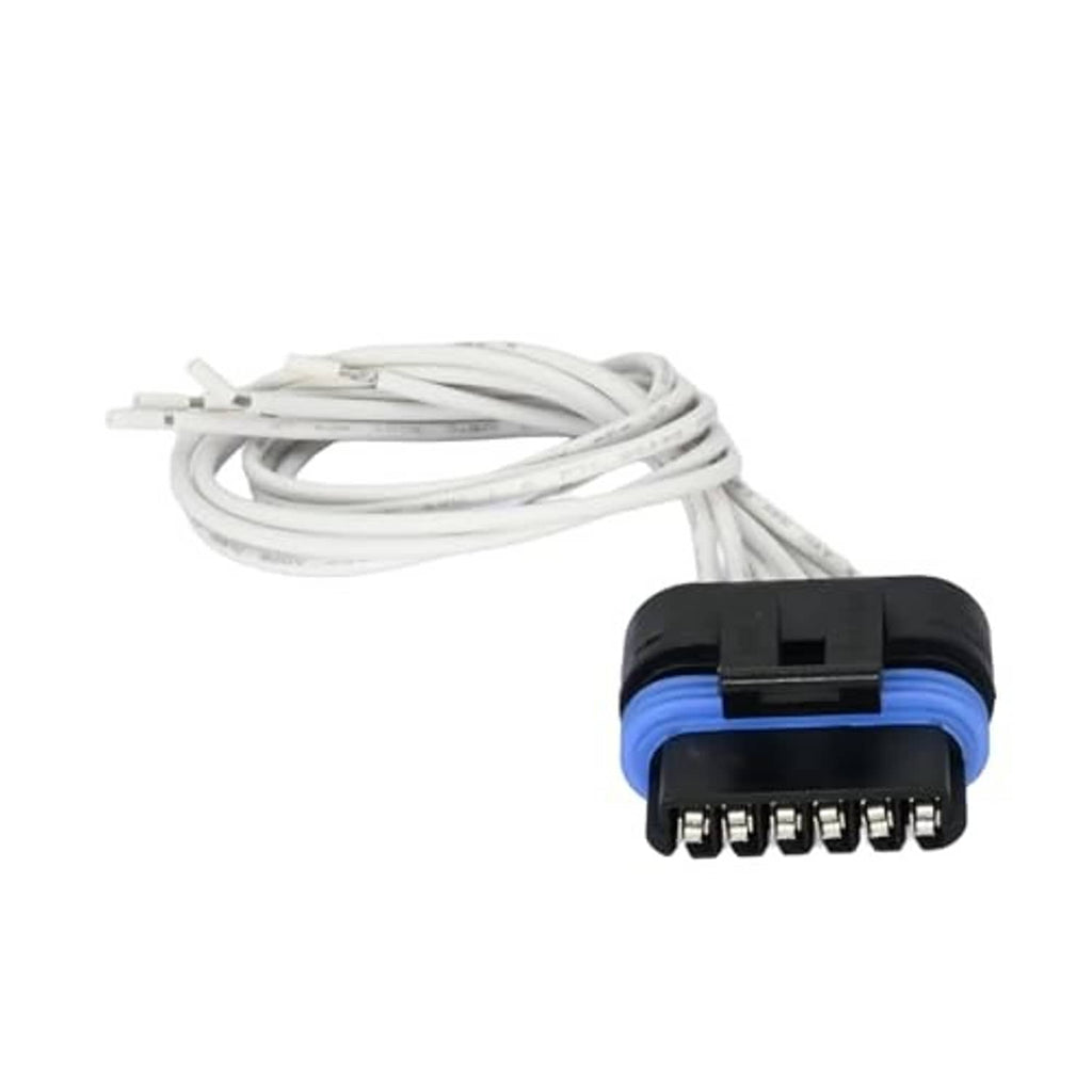 Wiring harness pigtail with bundled white wires and blue/black connector plug