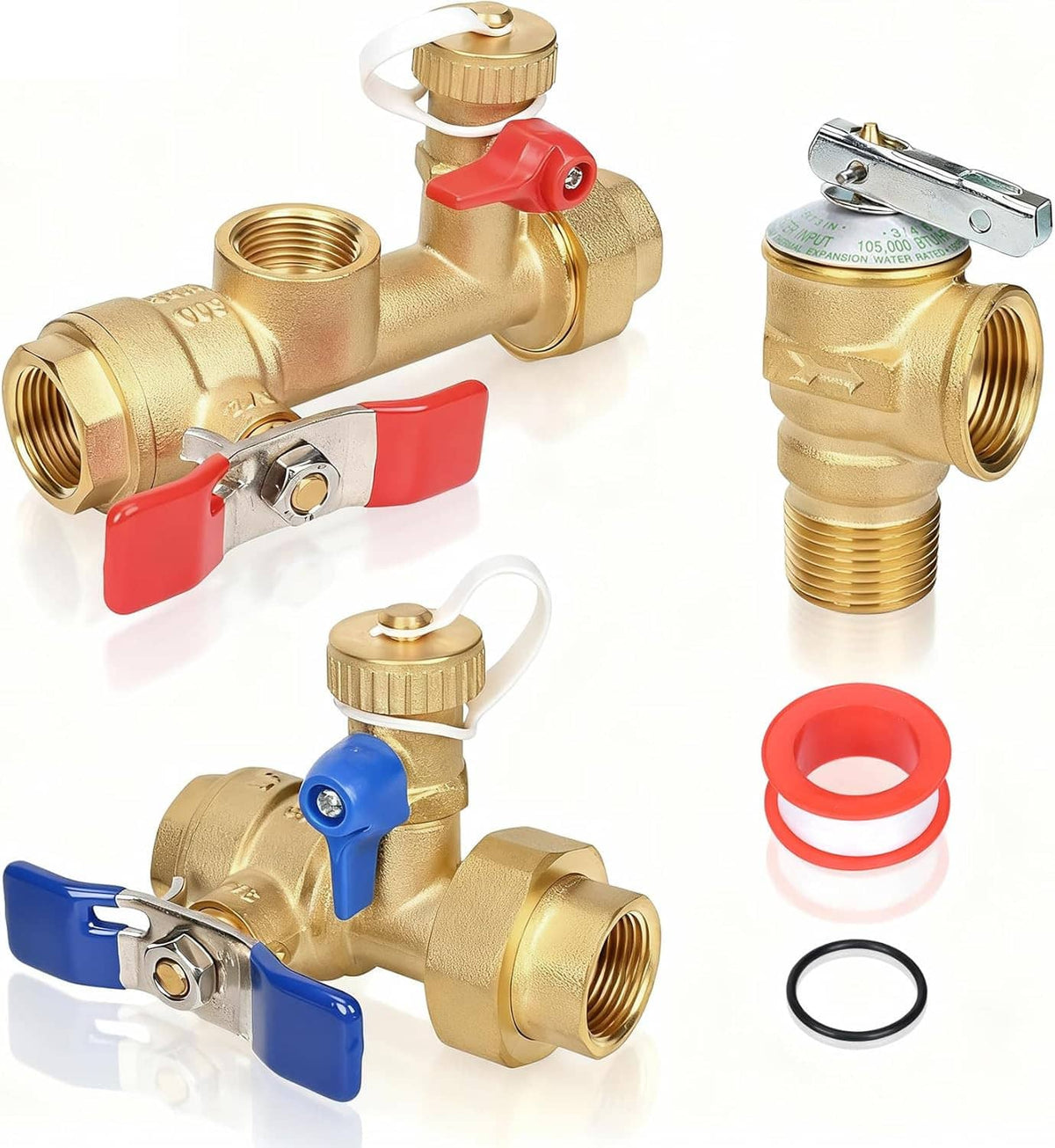 Brass isolation valve kit for tankless heaters, with red handle knobs and included O-rings