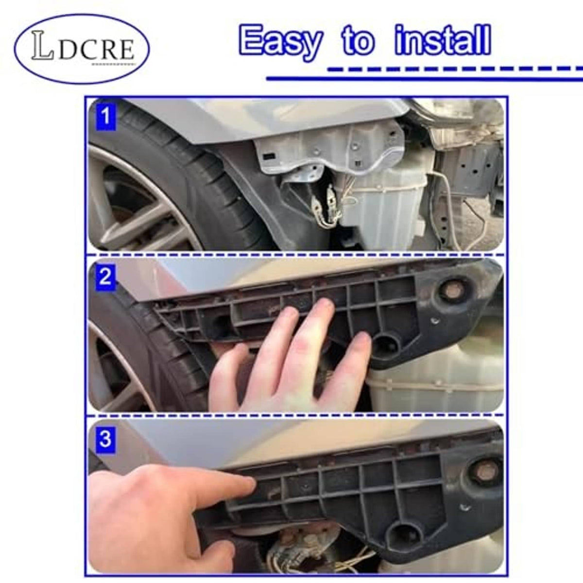 Front bumper bracket installation shown on vehicle fascia with black plastic bracket