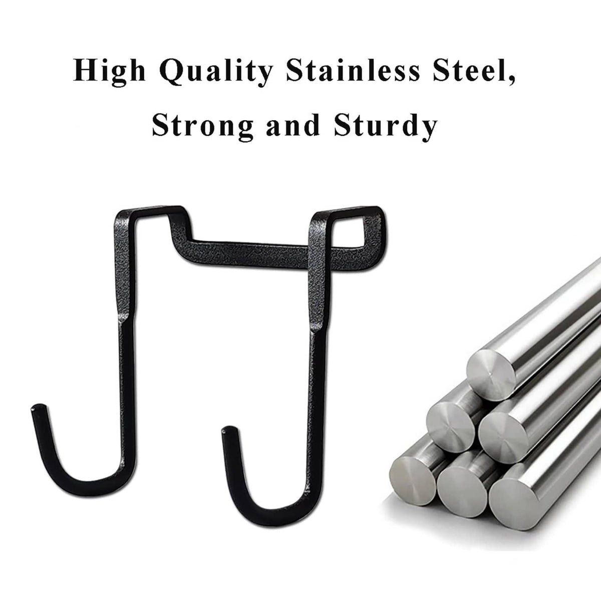 Black stainless steel shower door hooks with four U-shaped hangers and top loop