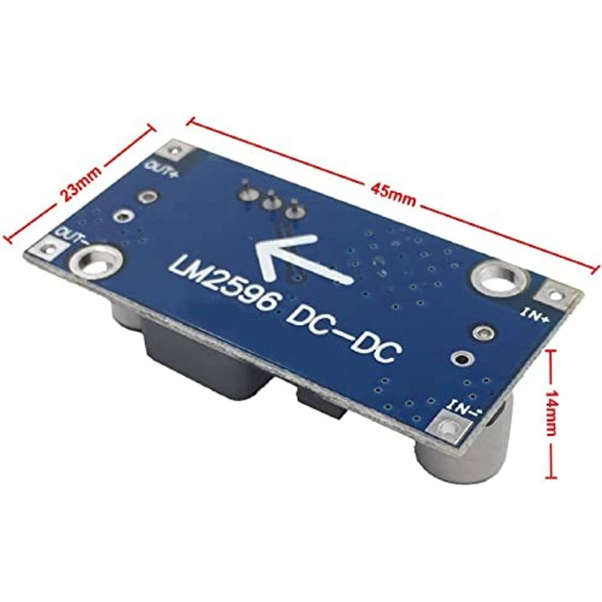 LM2596 DC-DC module PCB with 45mm by 23mm measurements and mounting holes