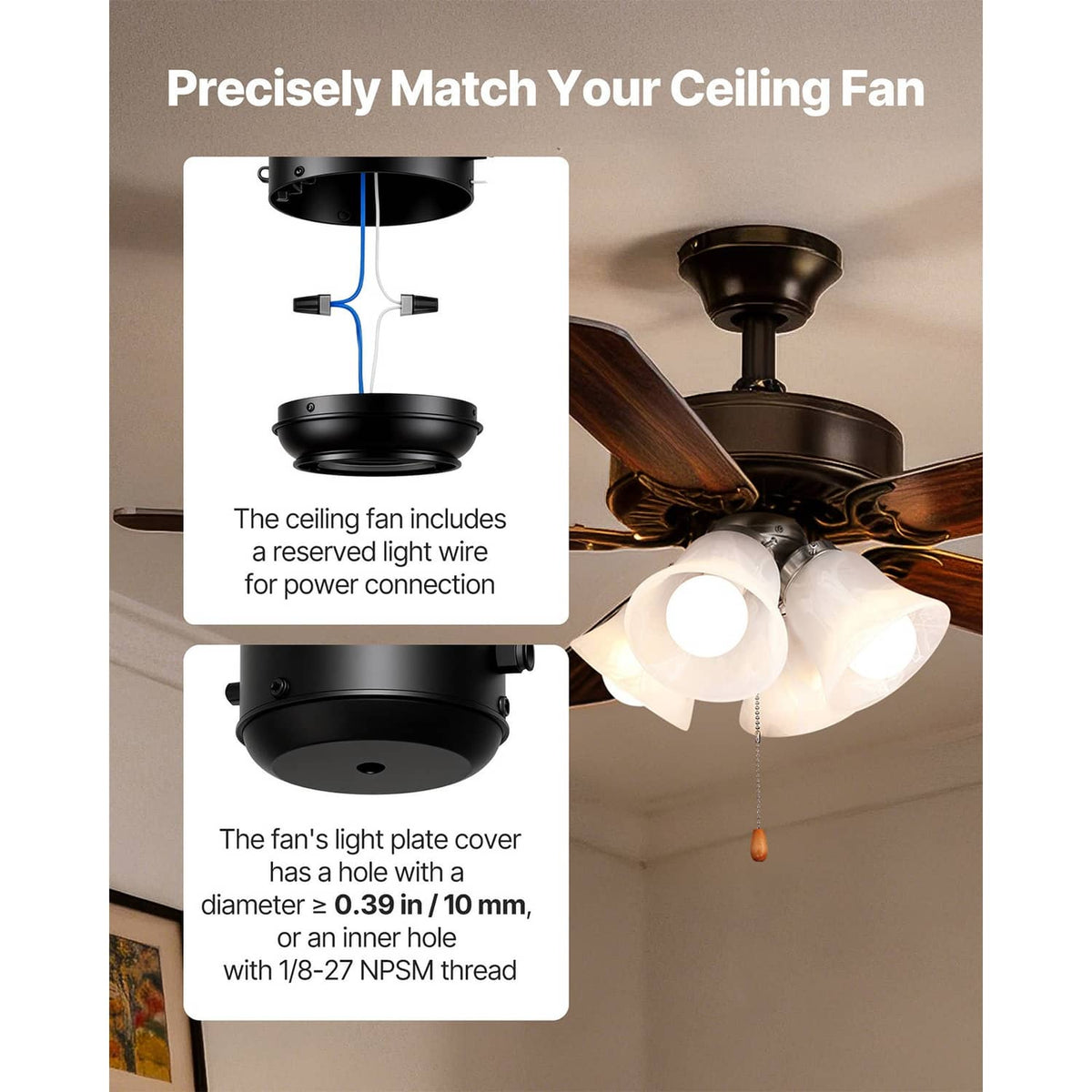 Four-light ceiling fan light kit with pull-chain cord and white glass shades