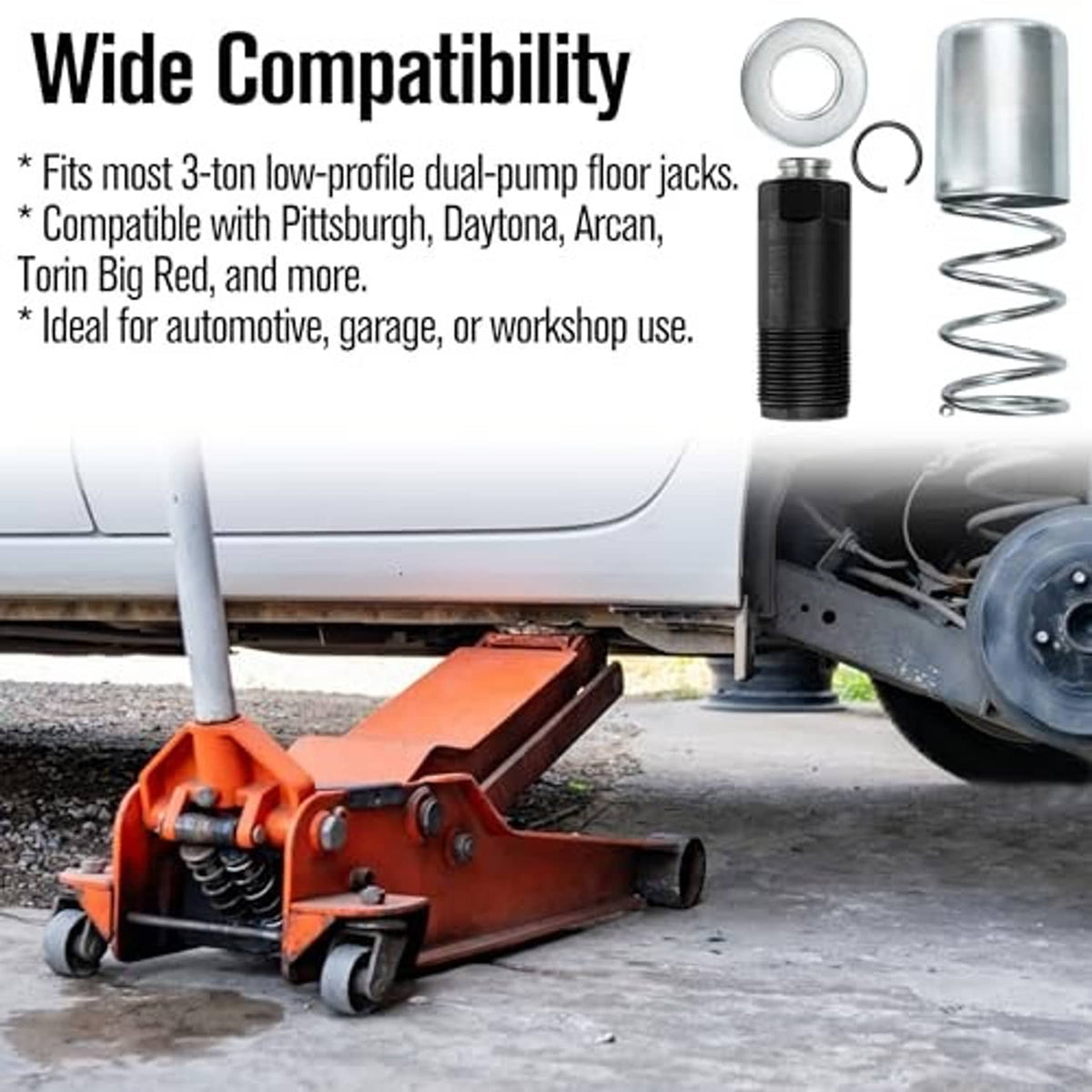 Floor jack repair piston plunger kit with piston cup, spring, seal ring and threaded cylinder