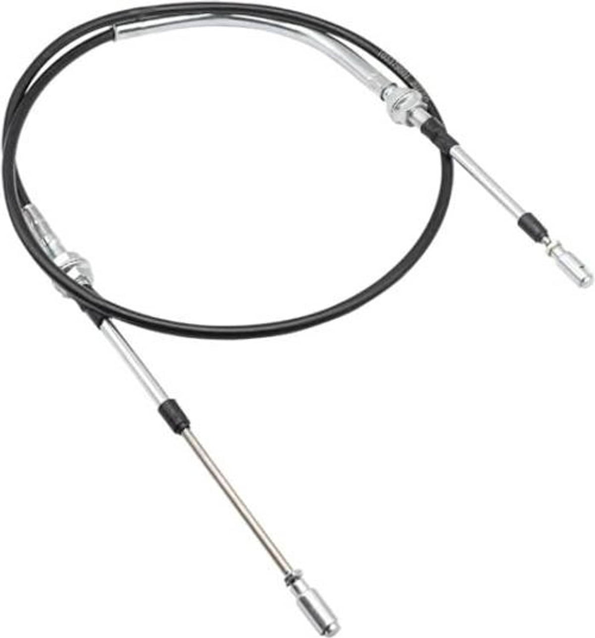 Long transmission shift cable with black housing and metal connector ends