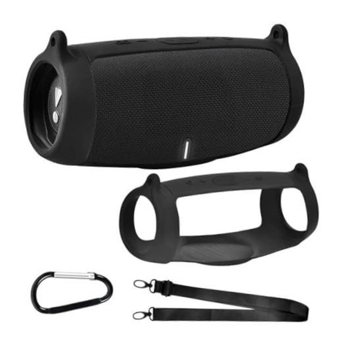 Black silicone speaker case cover with cutouts and carry strap loop