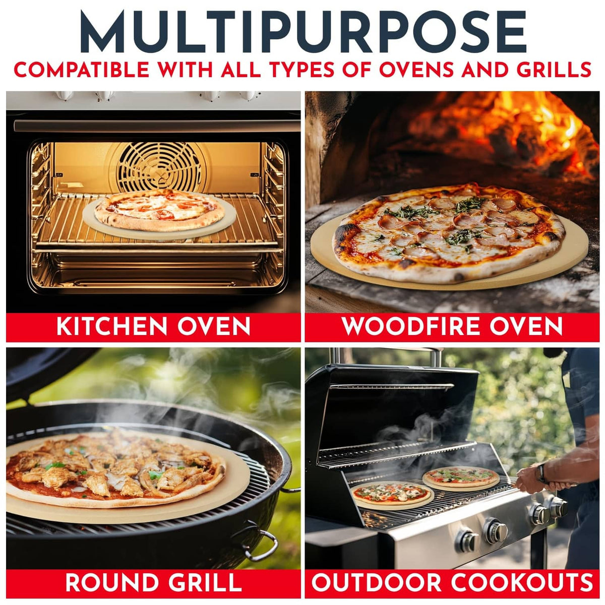 Beige round pizza stone for oven and grill cooking, with pizzas shown.