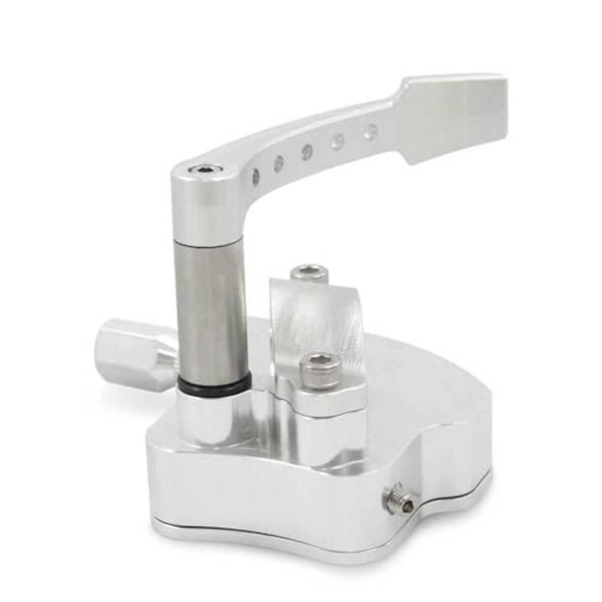 CNC billet thumb throttle extender base with mounting bolts, silver aluminum