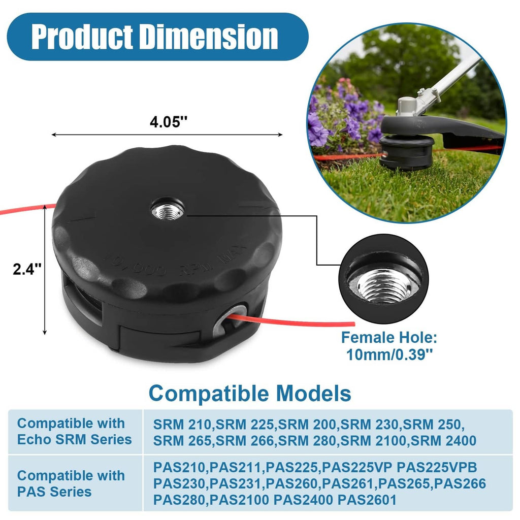 Black string trimmer head with red cutting line and threaded center insert