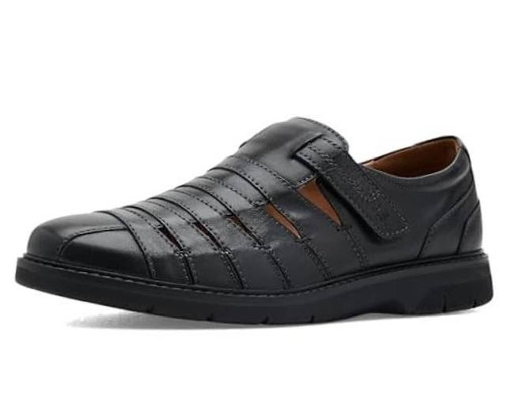 Black leather casual shoes with side strap and stitched panel details