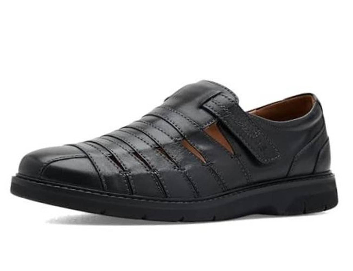 Black leather casual shoes with side strap and stitched panel details