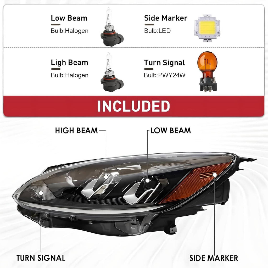 Left halogen headlight assembly with included bulbs and side marker, detailed component view