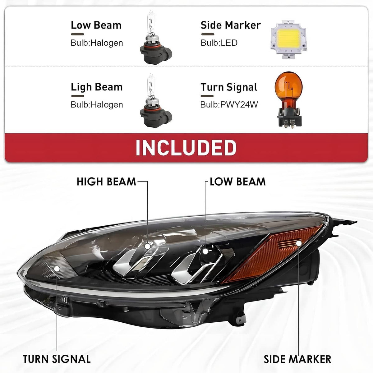 Left halogen headlight assembly with included bulbs and side marker, detailed component view