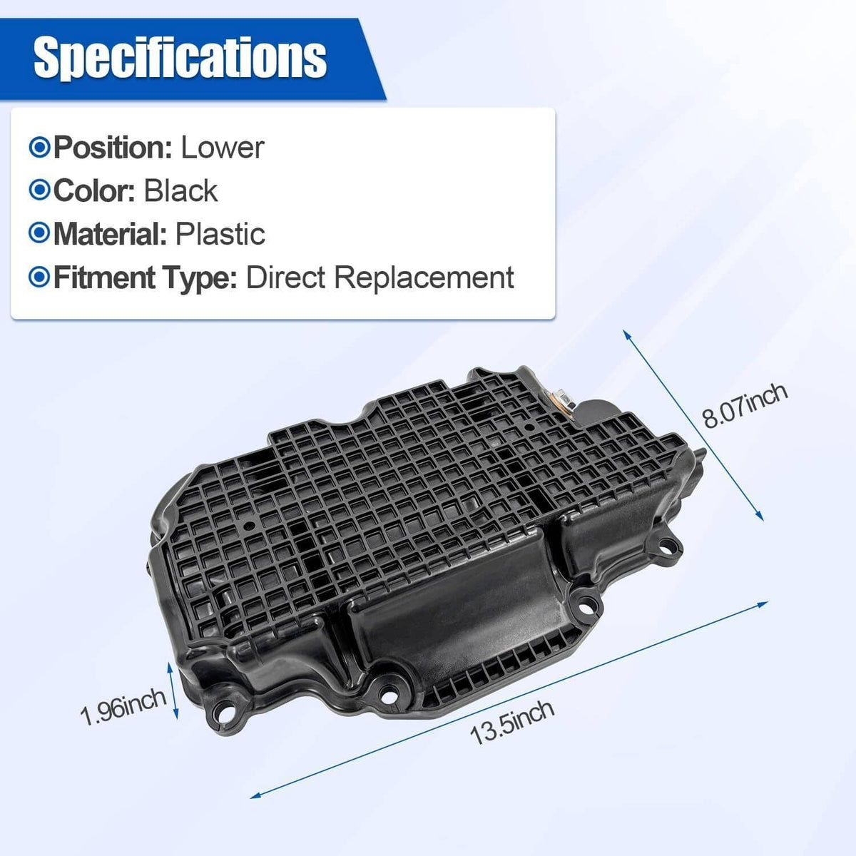Engine oil pan with gasket, black plastic lower cover shown with size dimensions