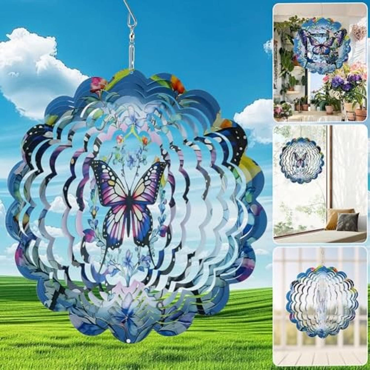 Hanging butterfly wind spinner with blue 3D metal layers and silver chain hook