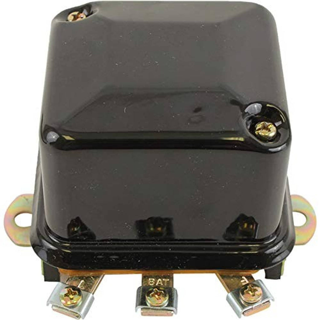 Voltage regulator with black housing, amber screws, and side mounting tabs