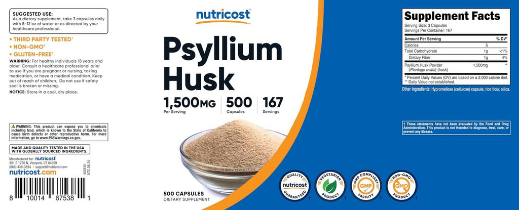 Psyllium husk supplement bottle front and side panels with 1,500mg facts and quality badges