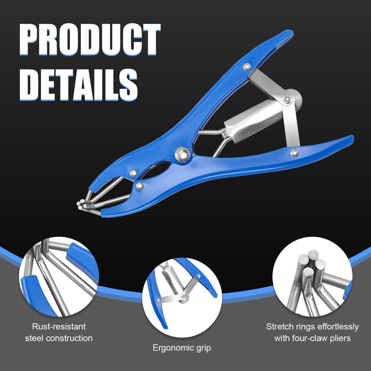 Blue elastrator banding pliers with silver jaws and ergonomic handle grips