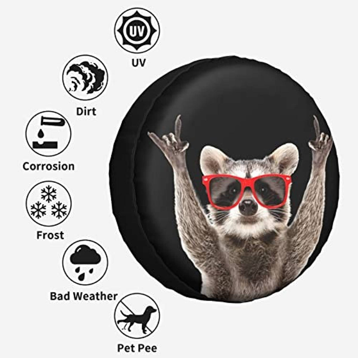 Black spare tire cover with raccoon face in red glasses, UV and weather icons