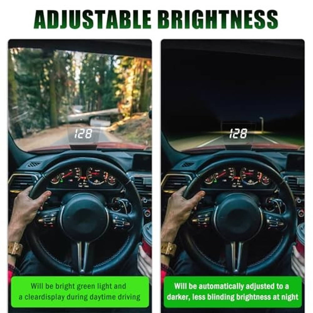 Car HUD display with adjustable brightness, showing white digits on windshield