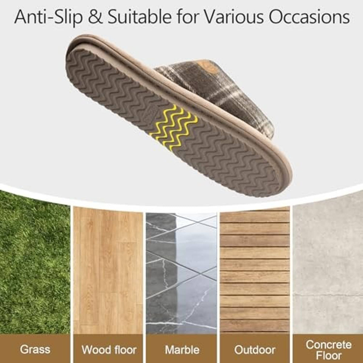 Brown plaid open-toe slippers with grippy textured sole tread underneath