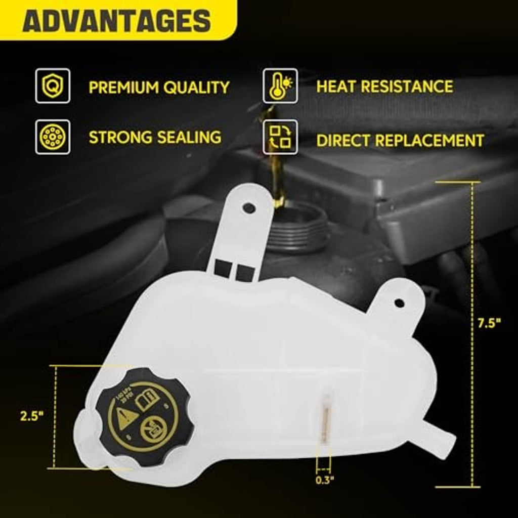 White coolant recovery tank with cap and two mounting holes, compact reservoir body