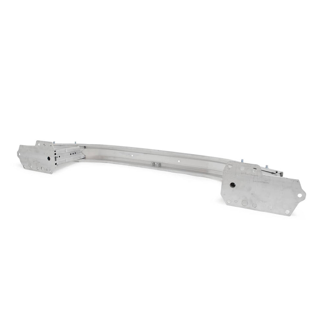 Front bumper reinforcement beam with curved center section and bracket mounting plates