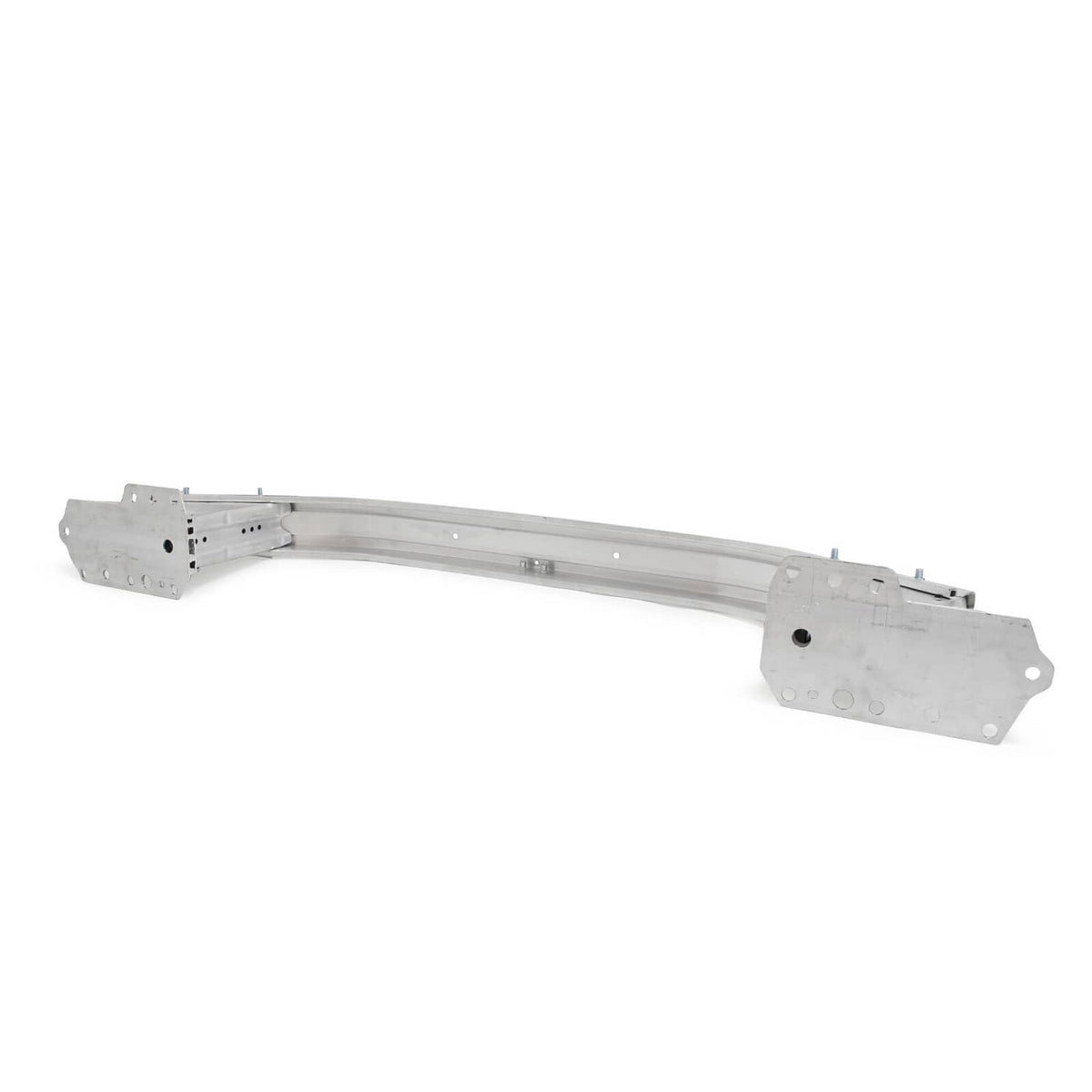 Front bumper reinforcement beam with curved center section and bracket mounting plates