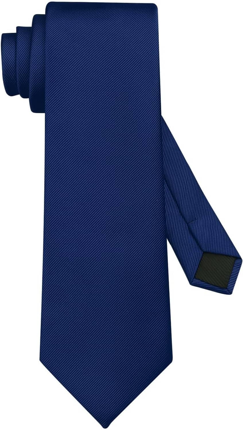 Navy blue solid woven necktie with subtle stripe texture and pointed tip