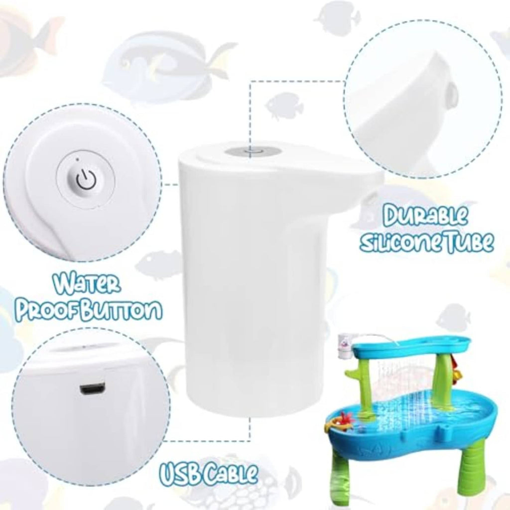 White water table pump with USB cable, silicone tube, and power button details