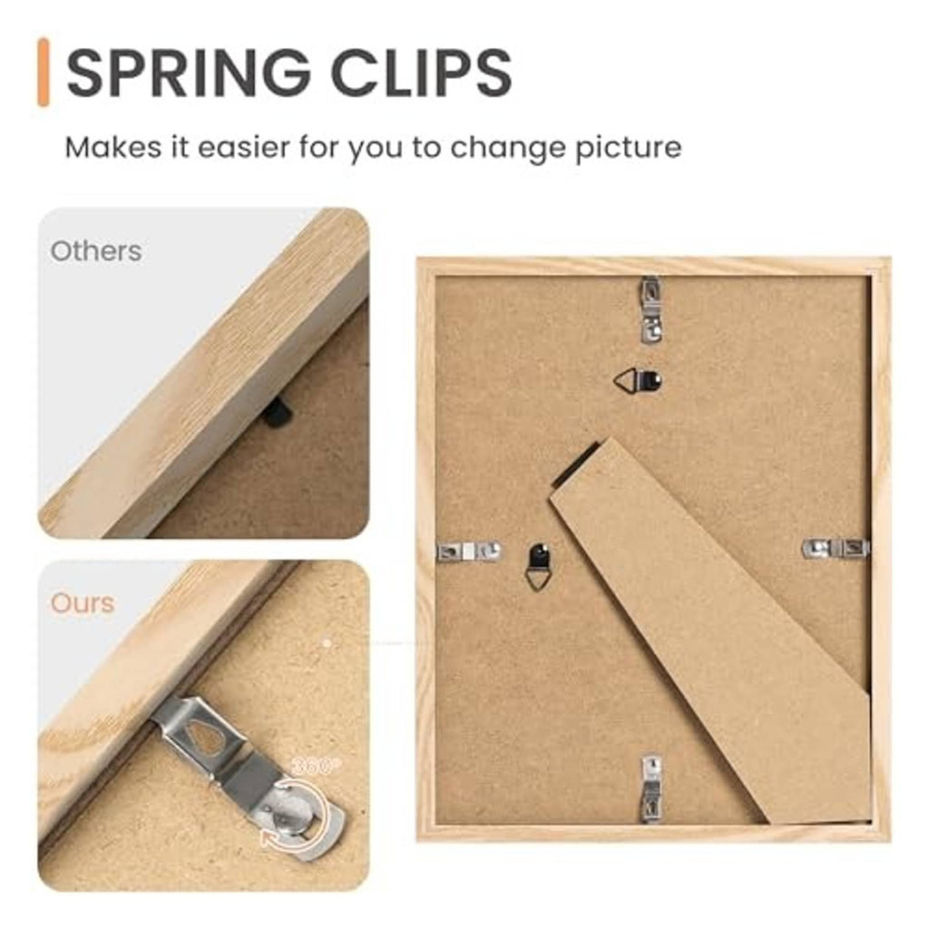 Natural wood picture frame back with spring clips and metal mounting hardware
