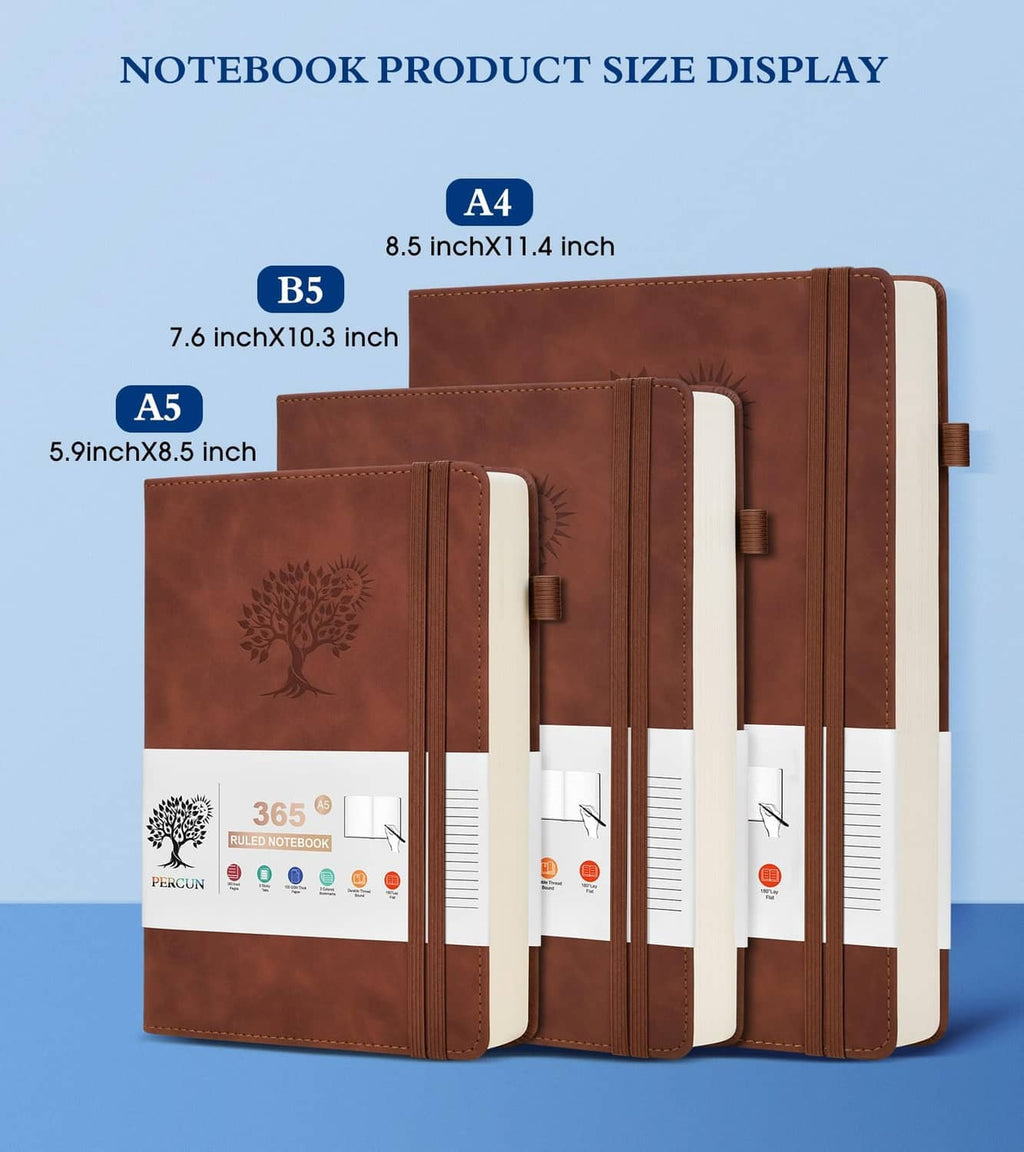Set of brown A5 leather journal notebooks with elastic closure