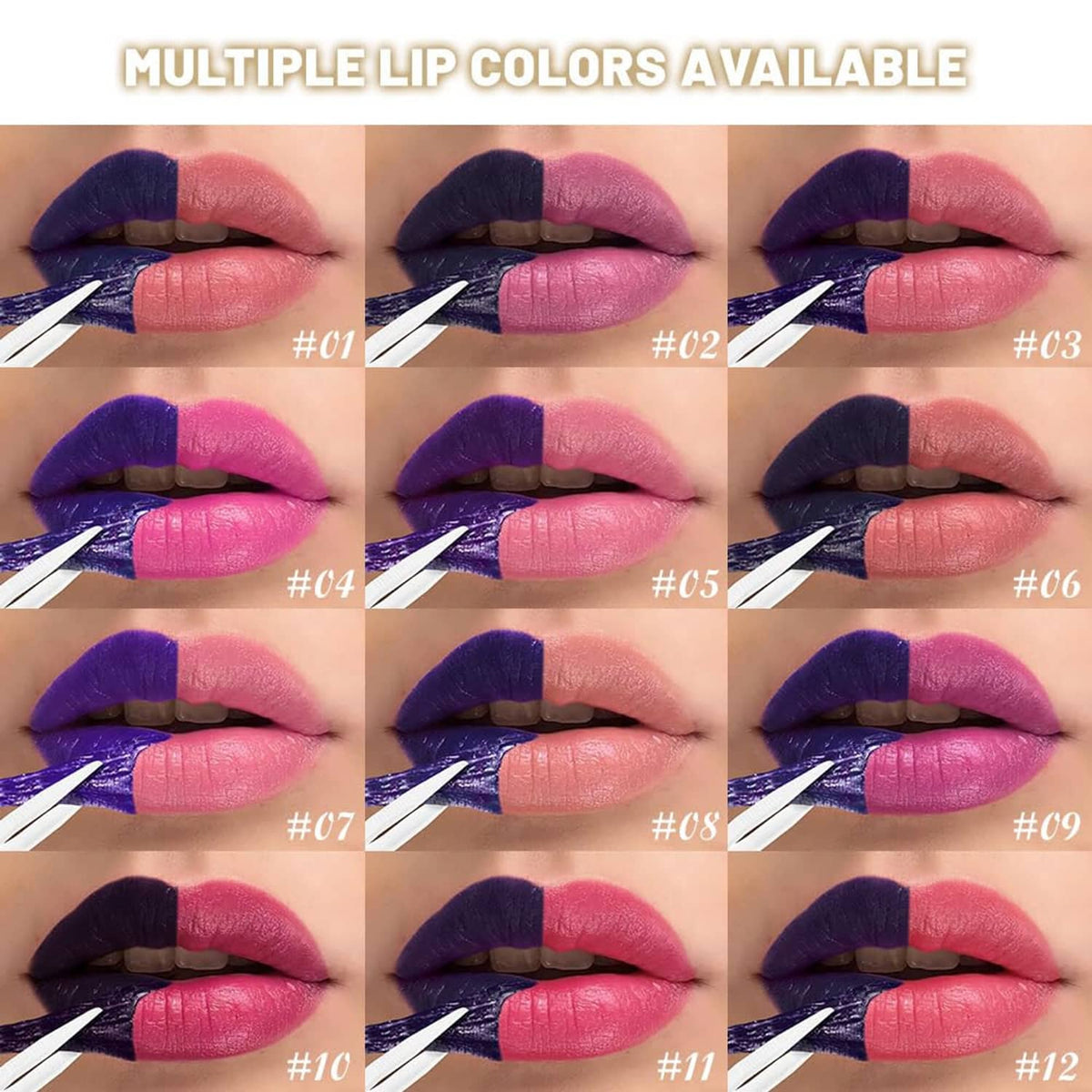 Grid of multiple lip stain colors on lips, from deep plum to pink-red