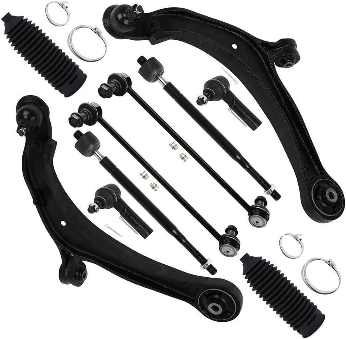 Front suspension kit components set: control arms, tie rods, boots, hardware, rings