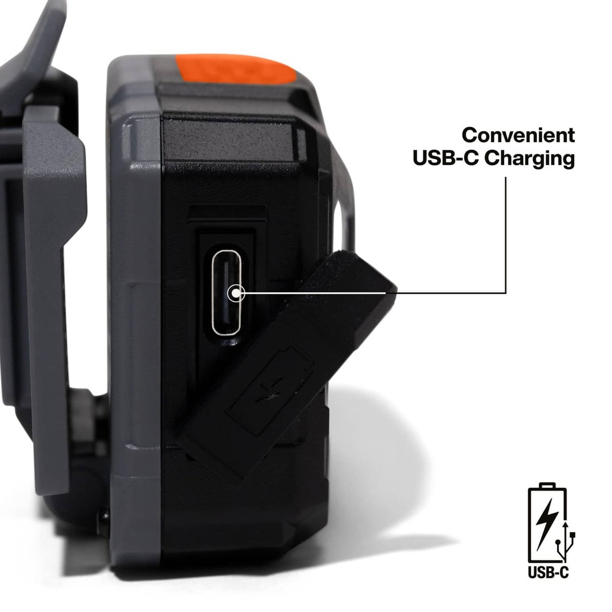 Klein Tools LED headlamp with USB-C charging port and orange power button