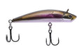 Fishing lure with two treble hooks, metallic purple and gold body