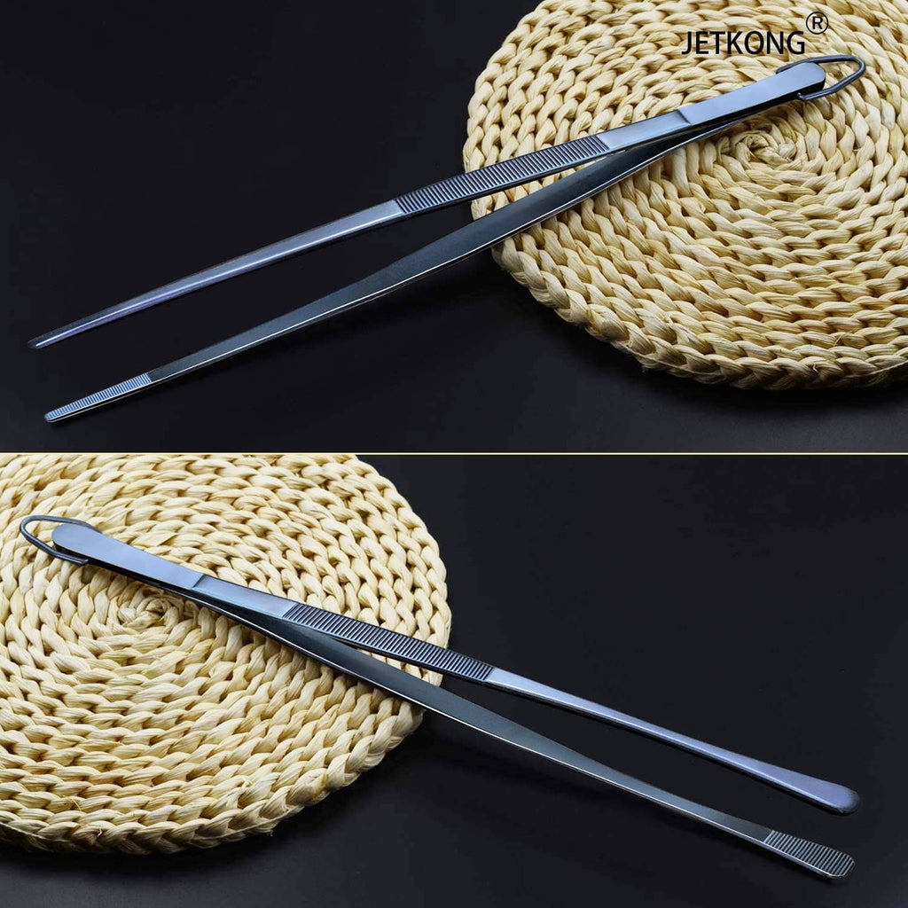 Navy stainless steel cooking tweezer tongs, close-up of long serrated grip tips