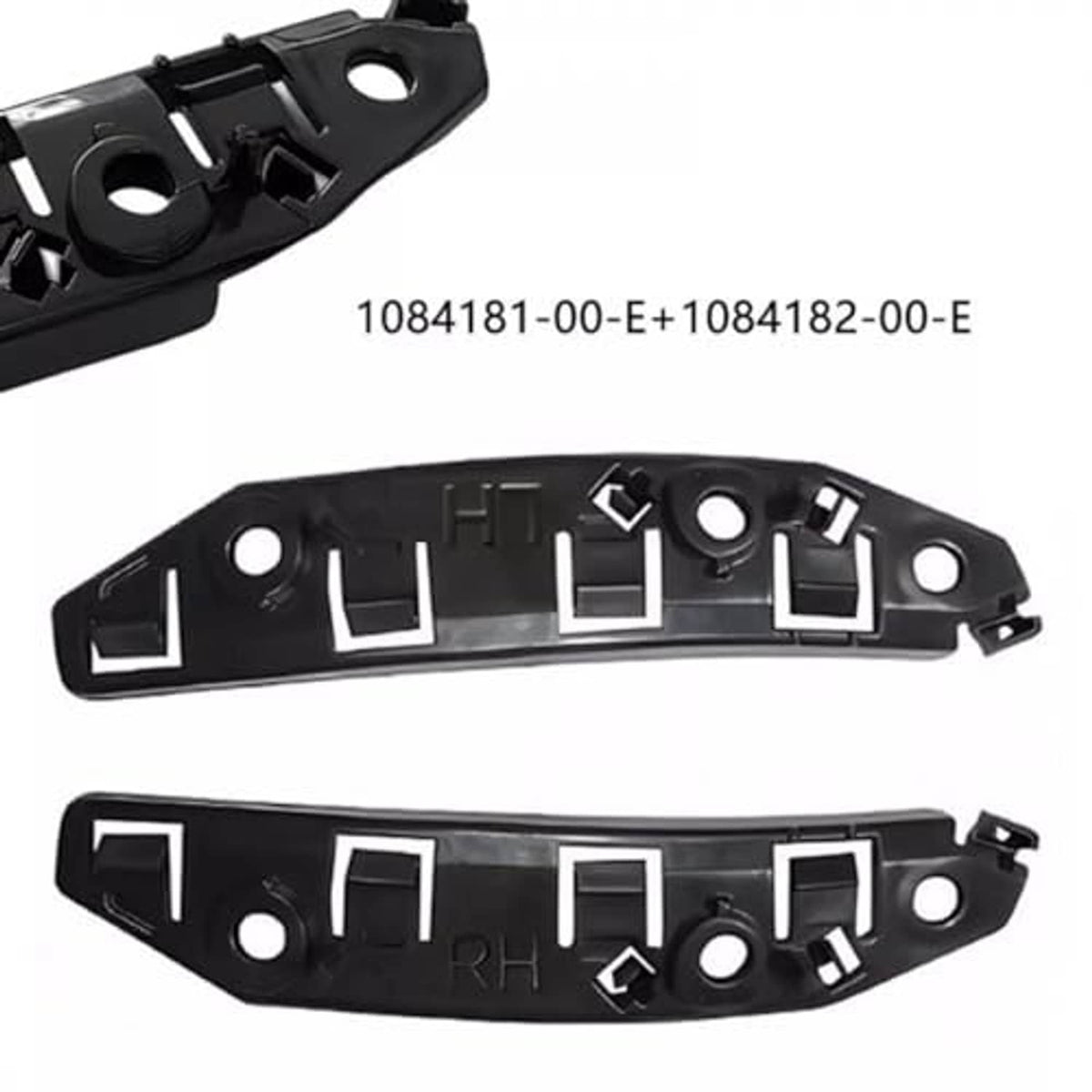 Front bumper bracket retainer, black plastic bracket with mounting holes and clip tabs