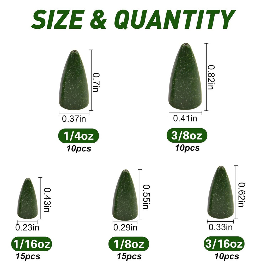 Green bullet sinker size chart: 1/4oz, 3/8oz, 1/16oz, 1/8oz, 3/16oz.