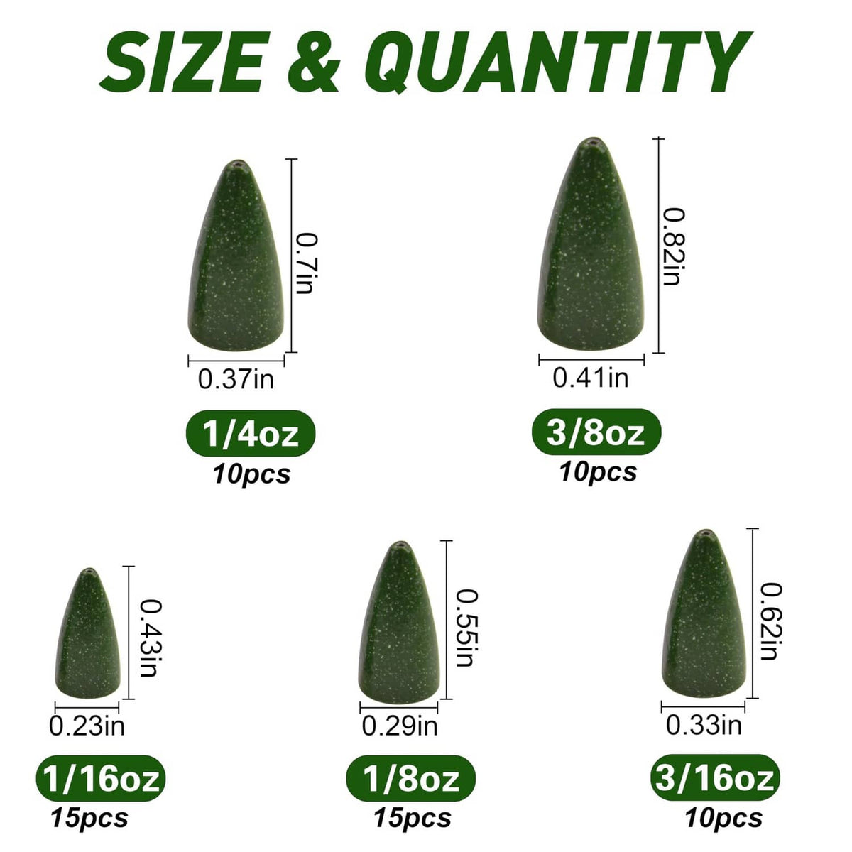 Green bullet sinker size chart: 1/4oz, 3/8oz, 1/16oz, 1/8oz, 3/16oz.