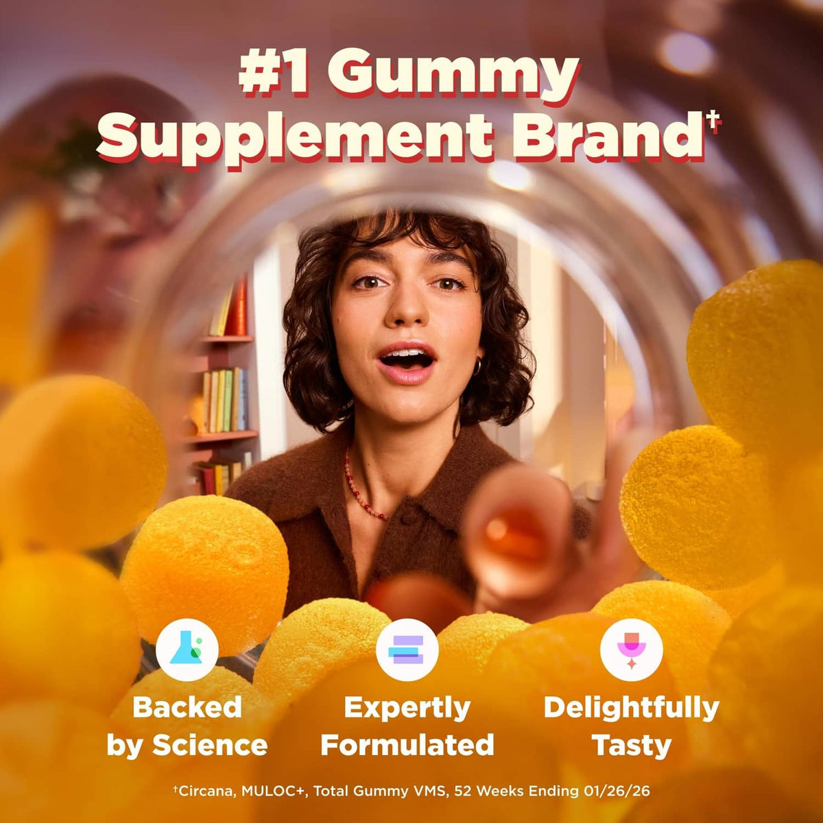 #1 gummy supplement brand marketing graphic with backed by science and expertly formulated