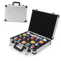 Portable pool ball case with handle, open top showing balls in molded compartments