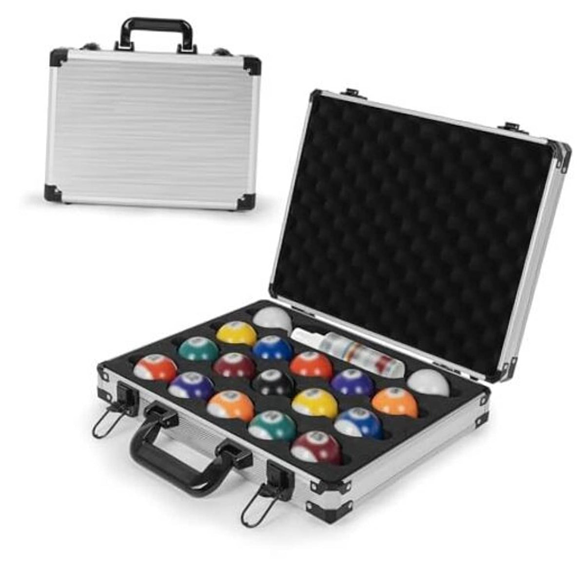 Portable pool ball case with handle, open top showing balls in molded compartments