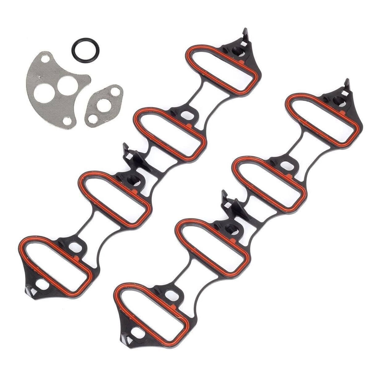 Fel-Pro intake manifold gasket set parts: black gaskets with red edges plus metal plates and seal