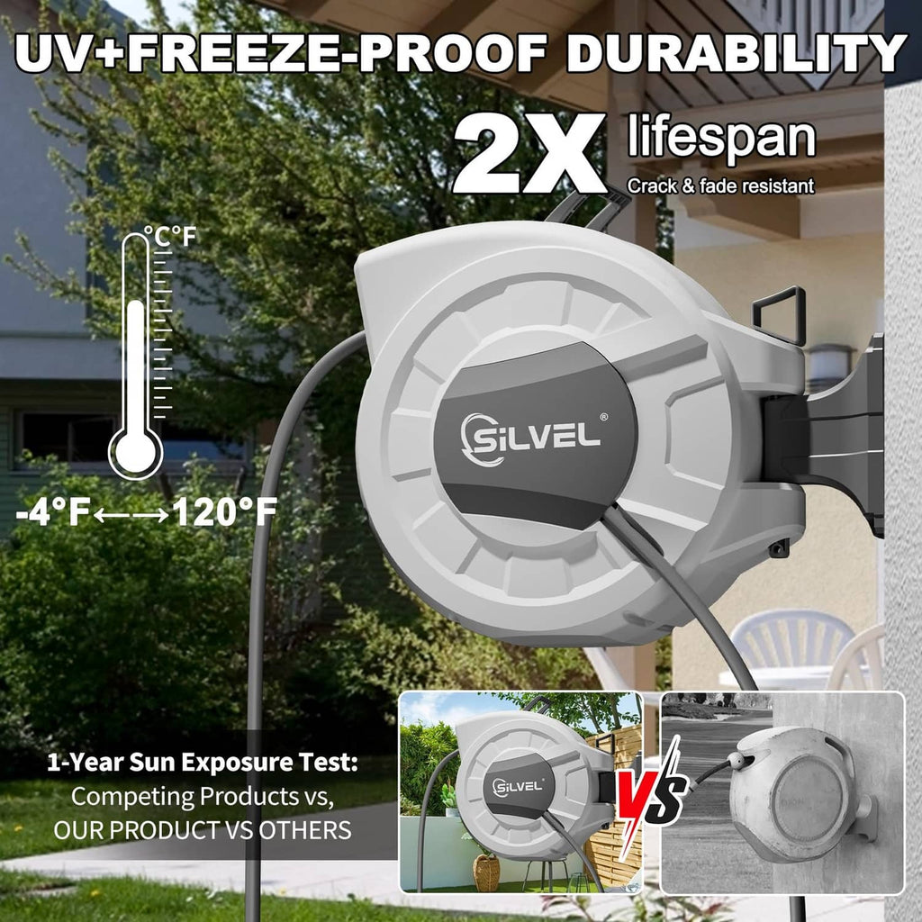 Light grey wall-mounted hose reel with curved hose outlet and handle