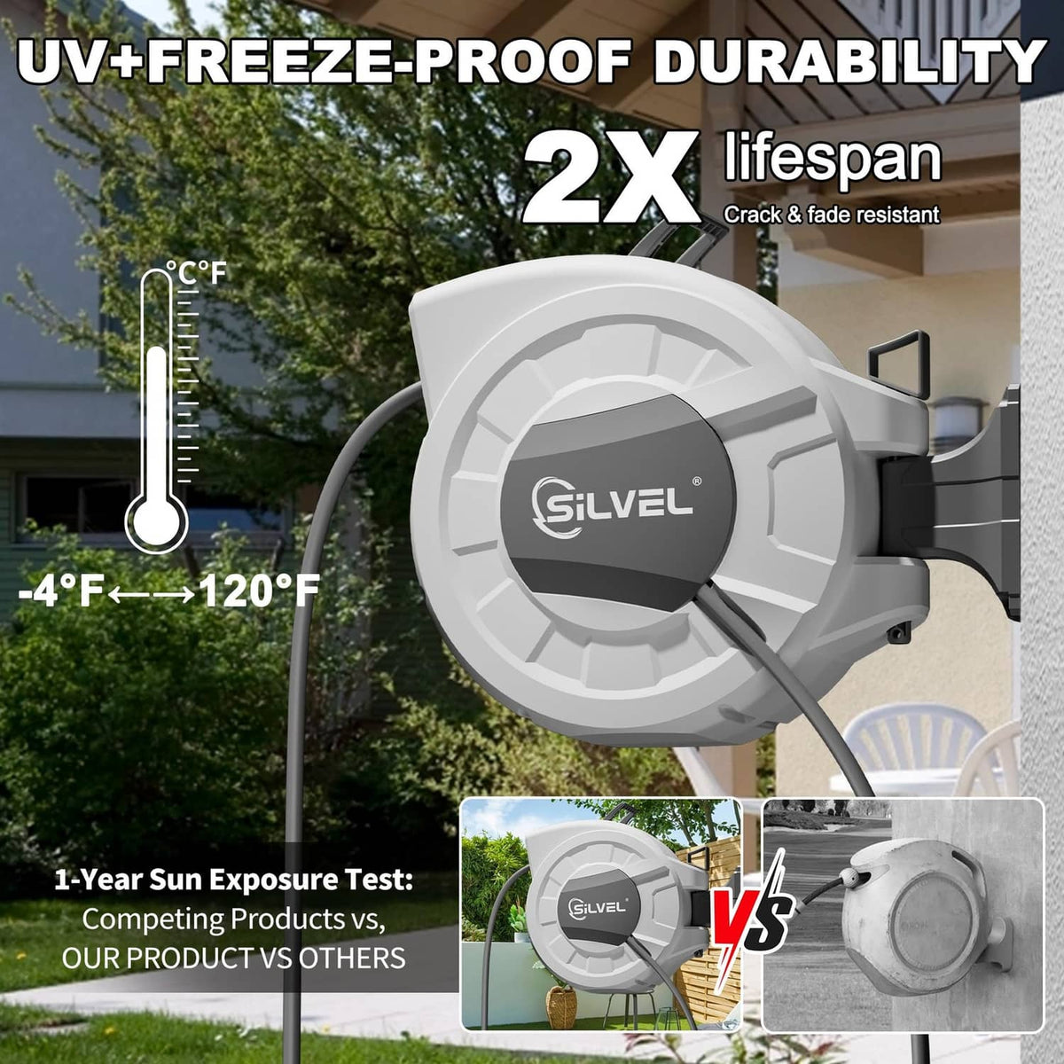 Light grey wall-mounted hose reel with curved hose outlet and handle