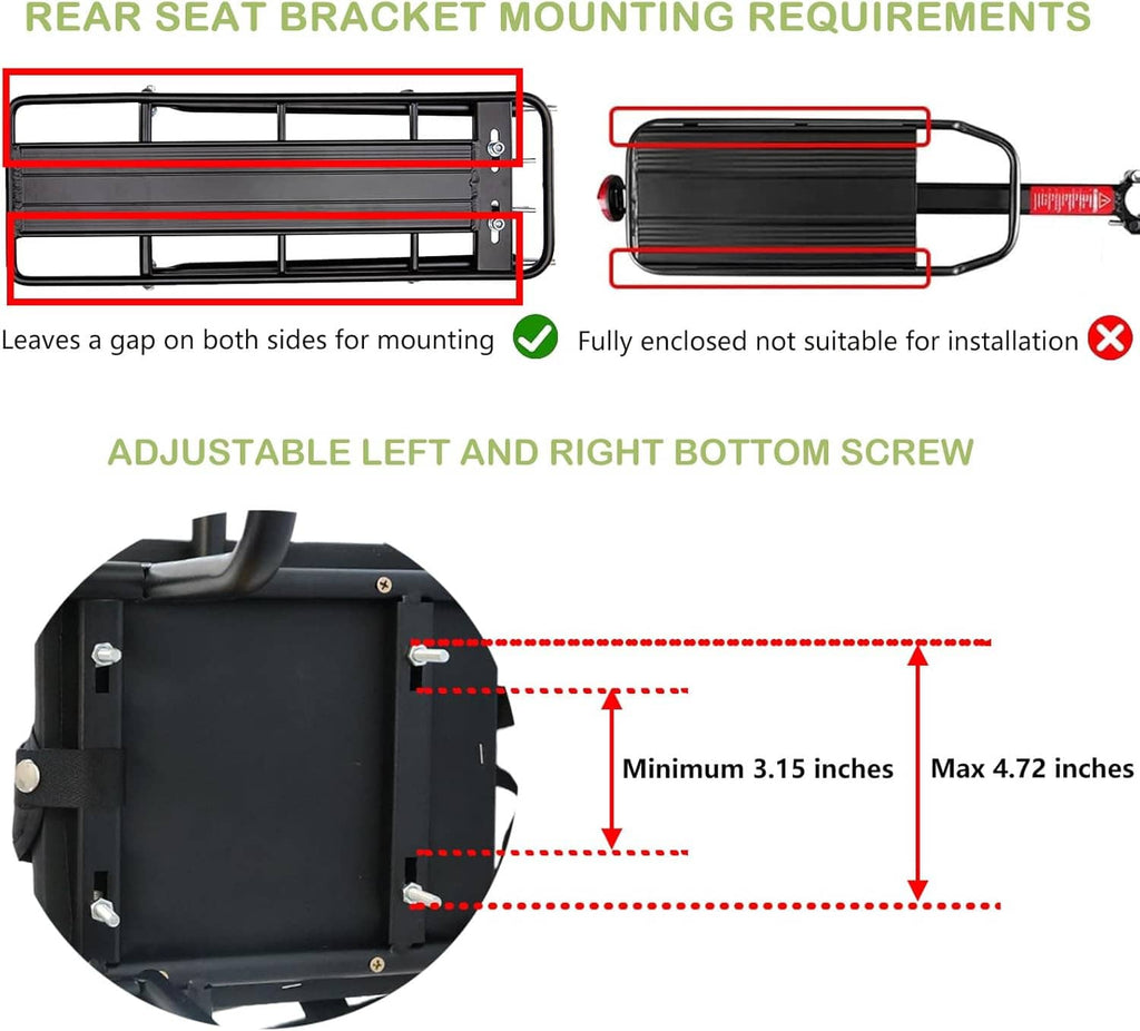 Rear bike seat mounting bracket diagram with adjustable left and right bottom screw areas