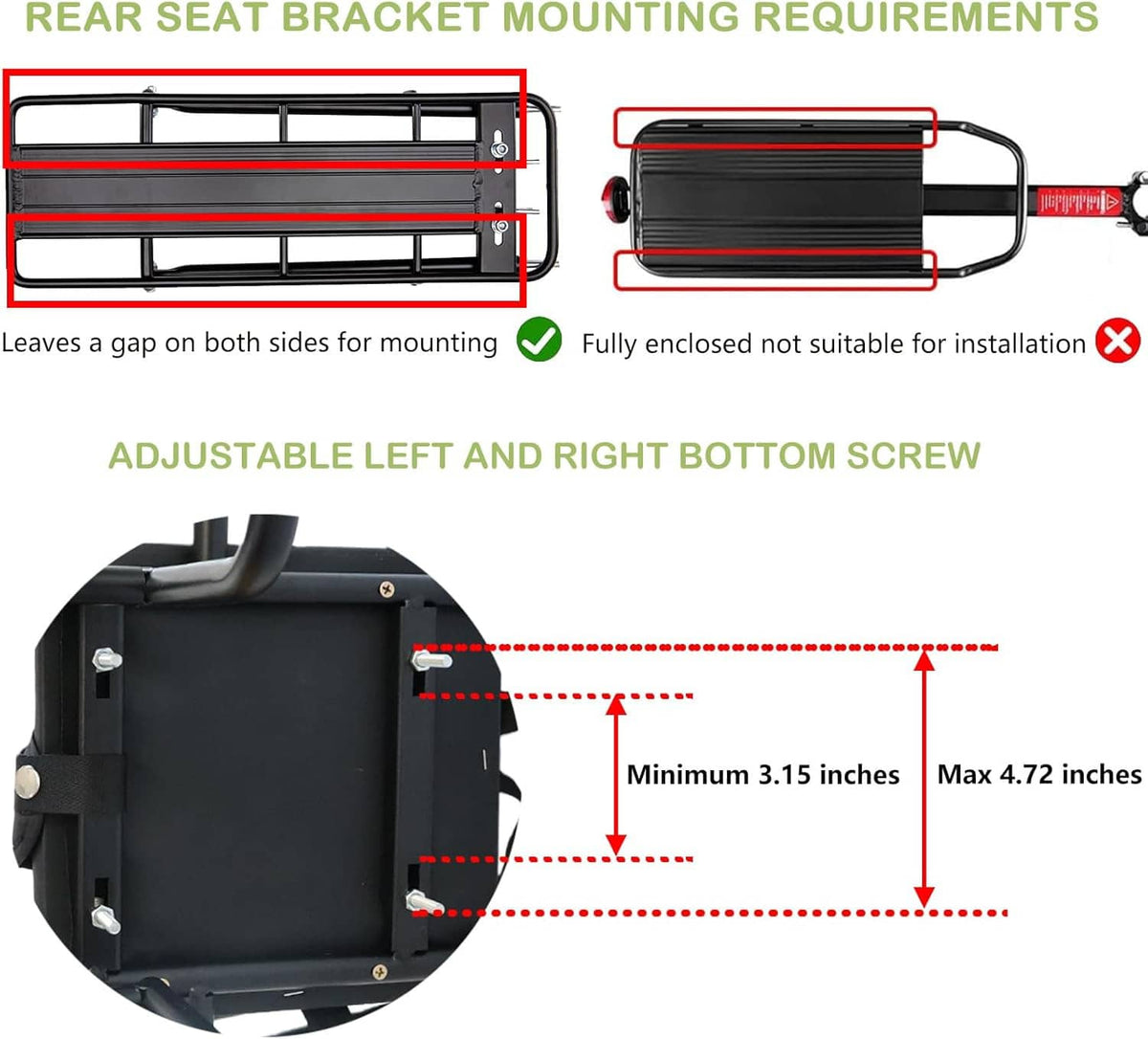 Rear bike seat mounting bracket diagram with adjustable left and right bottom screw areas